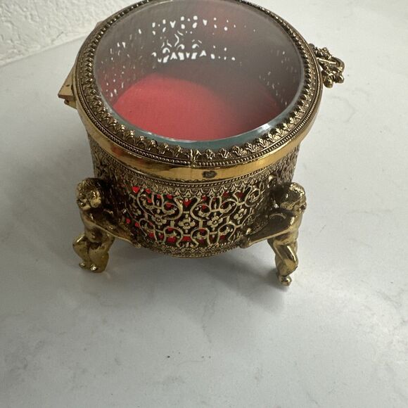 Vintage Ormulu Cherub Vanity Footed Jewelry Trinket Brass Box With Glass Top NIB - Picture 8 of 16